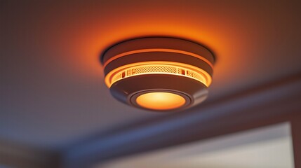 Illuminated smoke detector with orange light glowing in dark interior. emergency fire alert
