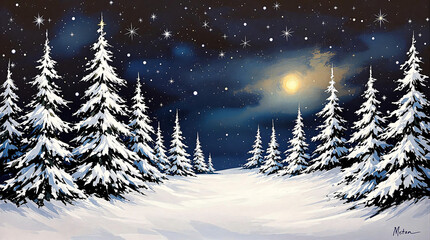Fototapeta premium Snowy landscape with snow-covered pine trees under a starry night sky with a bright moon, perfect for winter scenes, Christmas cards, or evoking a sense of tranquility and wonder.