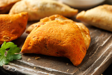 Freshly served traditional empanadas on wooden board. Mexican food