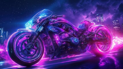 Futuristic glowing motorcycle on city street at night.