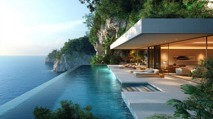 Fototapeta premium A 3D architectural visualization of a smart home with minimalist design and a poolside view