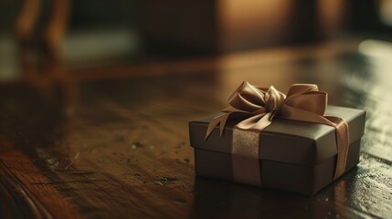 A close-up shot of an elegantly wrapped chocolate box tied with a satin ribbon, placed on a polished wooden table, with soft ambient lighting.