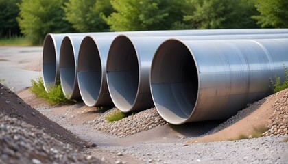 Metal pipes in a industrial area , surrounded by gravel and bushes