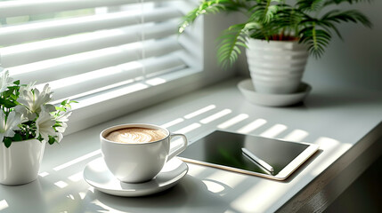Morning serenity with coffee, a tablet, and sunlight through the window