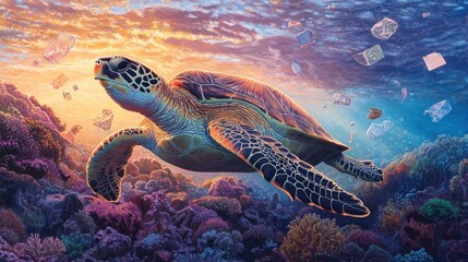 Obraz premium Sea turtle swims in polluted ocean coral reef at sunset.