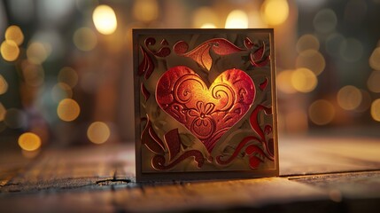 A close-up shot of a beautifully designed Valentine's Day greeting card with a heart motif, placed on a wooden surface with soft lighting in the background.
