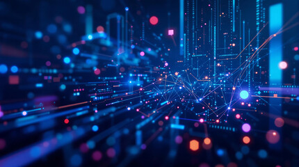 Abstract digital network with glowing lines, dots, and data streams, perfect for technology, communication, or cyberspace themes.