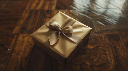 A close-up shot of an elegantly wrapped chocolate box tied with a satin ribbon, placed on a polished wooden table, with soft ambient lighting.