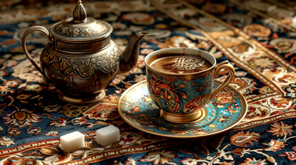 Elegant tea set displayed on intricate patterned fabric in a cozy setting