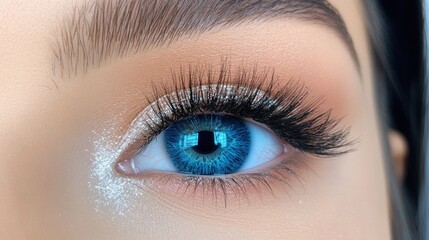 Obraz premium Close-up of Beautiful Blue Eye with Long Lashes and Sparkling Makeup