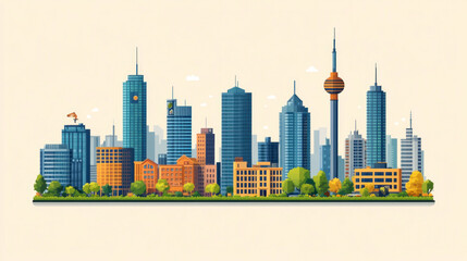 A flat set of building icons including skyscrapers, houses, and industrial structures