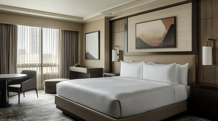Luxurious hotel room with king-size bed, large windows, and modern decor.