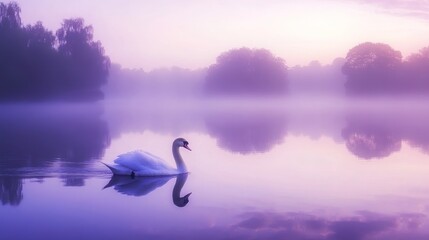 Fototapeta premium Serene swan on misty lake at sunrise.