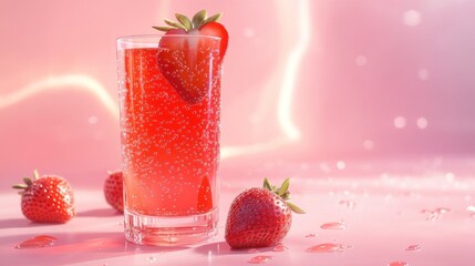 Sparkling strawberry drink in glass with fresh strawberries.