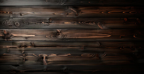 Dark burnt wood texture, black panoramic background - AI generated image