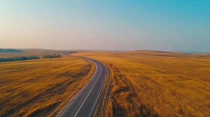 Fototapeta premium Serene Aerial View of Curved Road Through Golden Wheat Fields