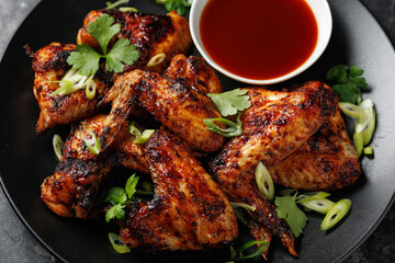 Grilled chicken wings with bbq sauce in a black plate