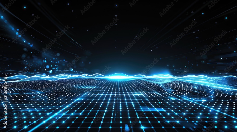 Poster futuristic digital landscape with glowing lines and grid patterns.