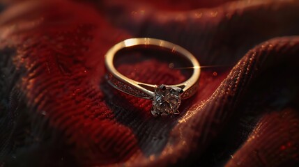 A close-up shot of a gold engagement ring with a sparkling diamond, resting on a velvet surface with soft lighting highlighting its shine.