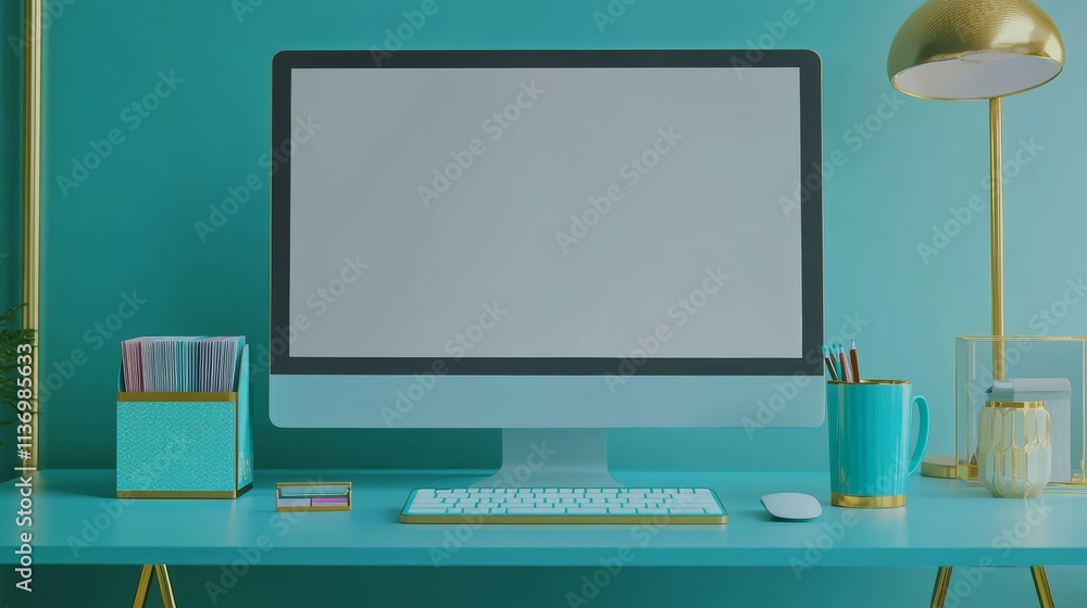 Poster stylish modern workspace with a desktop computer in a minimalist design. the sleek desk is adorned w