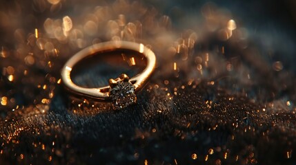 A close-up shot of a gold engagement ring with a sparkling diamond, resting on a velvet surface with soft lighting highlighting its shine.
