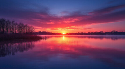 Naklejka premium A serene skyline reflected in still water during a peaceful sunrise