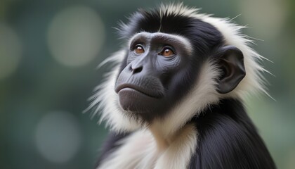 Obraz premium A close-up portrait of a black-and-white colobus monkey with a thoughtful expression, against a blurred background