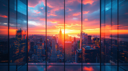 A towering glass skyscraper with a reflective facade catching the sunset hues
