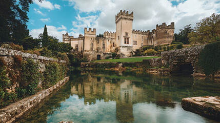 Fototapeta premium A historical European castle with tall towers, expansive gardens, and a moat filled with clear water reflecting the sky.