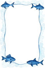 Fish menu design in blue and white tones with space for text. Mock up menu for restaurants or announcements and schedules for hotels.
