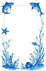 Mockup menu template with fish, starfish and aquatic plants in blue and white tones, copy space. Mock up for restaurants and hotels.