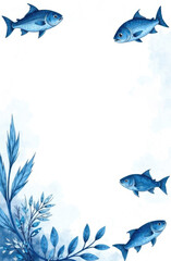 Blank letterhead in blue and white tones with fish and aquatic plants, with space for text for fish restaurants and hotels. 