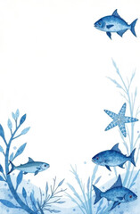 Hand drawn fish, starfish and aquatic plants with space for text. Mockup template for menu, announcements or schedules.