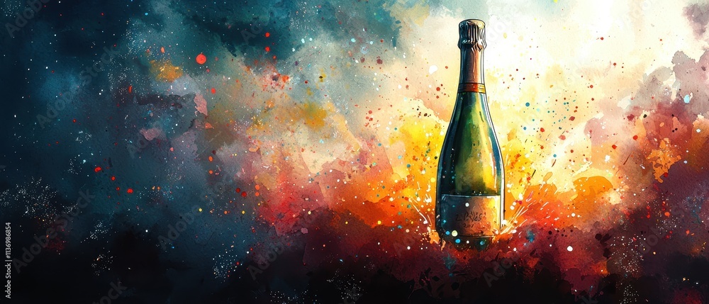 Poster sparkling champagne bottle with colorful splashes and bokeh effects in abstract artistic style