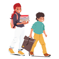 Younger boy and elder girl cartoon characters going to study at school for cognition and learning