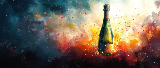 Sparkling Champagne Bottle with Colorful Splashes and Bokeh Effects in Abstract Artistic Style