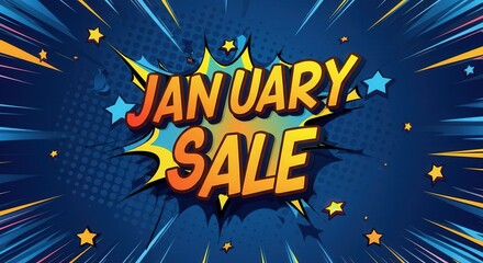 January sale announcement with vibrant comic-style graphics