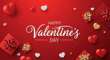 Happy Valentine's Day with hearts and gift boxes on a red background