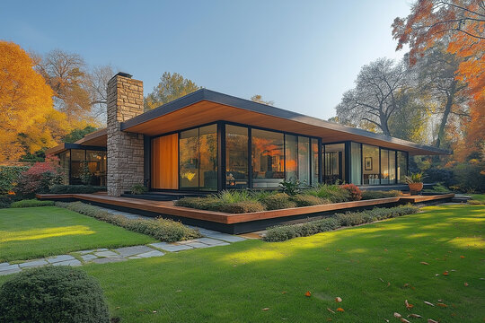 Photographie immobili&egrave;re ext&eacute;rieure d'une maison moderne avec pelouse entretenue et architecture &eacute;pur&eacute;e