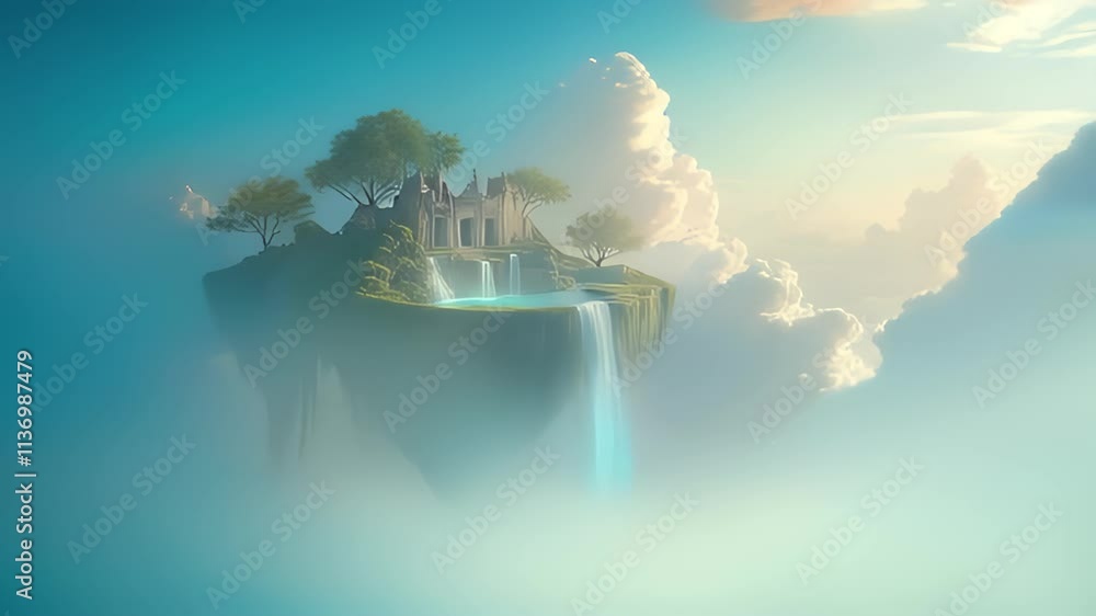 Poster a floating island with ancient ruins and glowing vines hanging from the structures