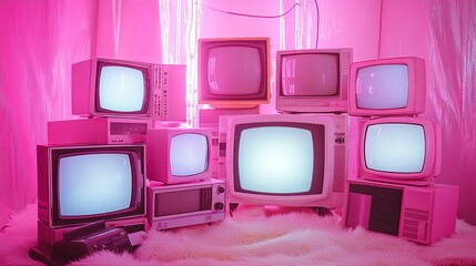 A collection of vintage television sets arranged on a soft, fluffy rug in a pink neon-lit room. The retro aesthetic and bold colors create a nostalgic, futuristic feel.. AI Generation
