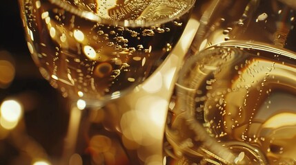 A close-up shot of champagne glasses elegantly clinking together, with golden bubbles sparkling in the liquid, and a festive atmosphere in the background.