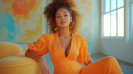 Plus-size model editorial featuring chic jumpsuits styled with bold accessories in an art gallery