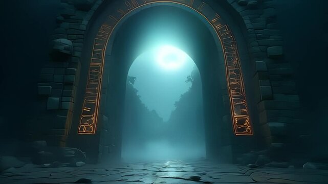 A massive stone archway leading to an unknown world, with glowing runes around its frame