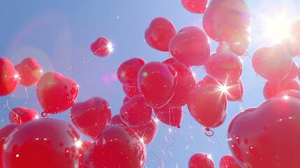 A cluster of bright red heart-shaped balloons floating in a clear blue sky, with soft sunlight shining through them.