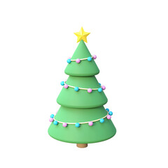 Christmas tree with decorations and garland isolated object on white background 3D rendered cartoon illustration. Christmas and New Year cutout clipart design element. Winter holidays icon or logo.
