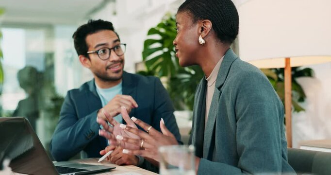 Research, laptop and teamwork with business people in office for environment policy advisor, ngo and resource manager. Consulting, planning and report with employees in corporate firm for project