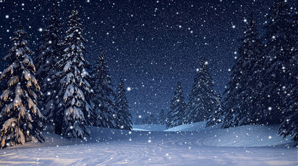   Snowy forest with tall pine trees covered in snow under a dark night sky, perfect for winter scenes, Christmas cards, or evoking a sense of serenity and wonder.