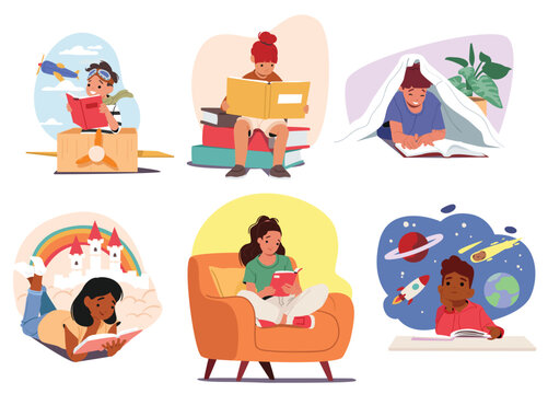 Children little book lovers cartoon characters reading paper fairy tale, science, story book set