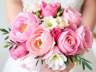 Beautiful fresh bouquet of pink peonies and roses with open space for text, romantic, wedding, bouquet